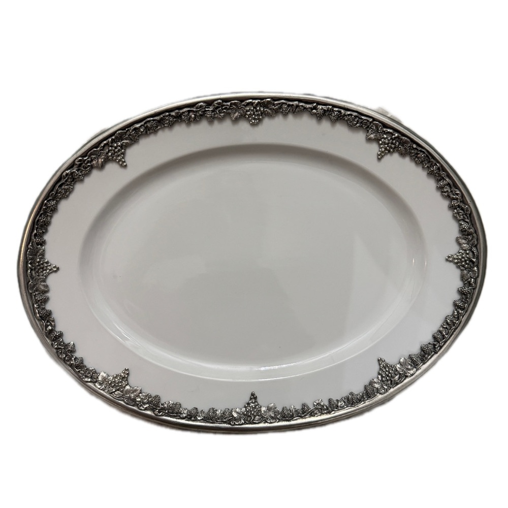 Arthur Court Ceramic Serving Platter with Silver Grape Motif Rim. New in box